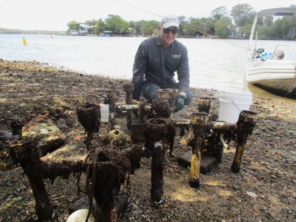 Scientist with sediment collection traps at the Noosa River